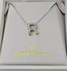 10K White Gold Diamond Initial Pendant "R" w/ Chain - Picture 1 of 14
