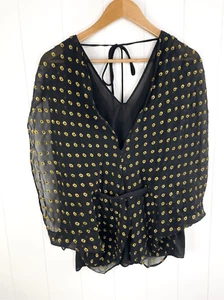 Anthro Greylin Black Gold Flutter Sleeve Sheer Polka Dot Button Down Back Top S - Picture 1 of 11