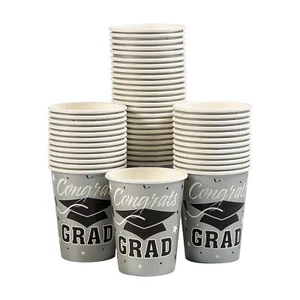 Silver Graduation Party Congrats Grad & Cap Paper Cups Bulk 50 Pc - Picture 1 of 1