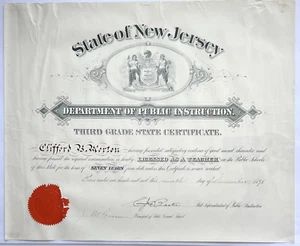 ANTIQUE 1898 N.J. DEPT. OF PUBLIC INSTRUCTION THIRD GRADE TEACHING CERTIFICATE - Picture 1 of 5