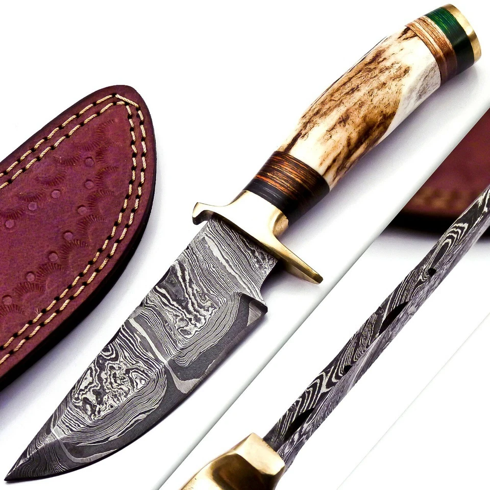 BLUEBLADESART 8" CUSTOM HAND FORGED DAMASCUS STEEL HUNTING KNIFE W/ Stag Handle Brass Guard
