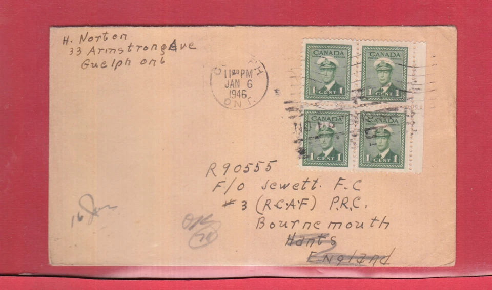 Block of 4 x 1c war issue 1st class letter rate up 1oz to England Canada cover - Image 1 of 1