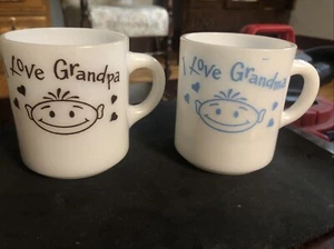 Vintage Milk Glass Mugs Grandma Grandpa Coffee Cups Set 2 - Picture 1 of 6
