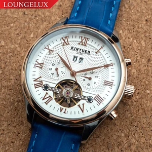 Mens Automatic Mechanical Watch Date Day Rose Gold White Dial Blue Leather - Foto 1 di 12