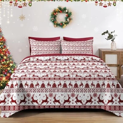 Juego de Edredón Tamaño Navidad, Rojo Invierno Divertido Reno Rey Navidad Reno 1 Foto 1 de 4