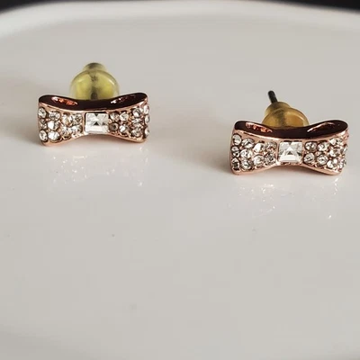 Kate Spade Ready Set Bow Pave Bow Stud Earrings Rose Gold Clear Crystals Dainty - Image 1 of 4