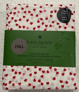 NWT Kate Spade Full Sheet Set (4pc) Cotton Percale Red & Pink Hearts White - Picture 1 of 7