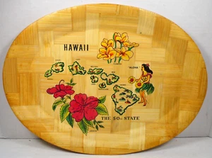 Vintage Souvenir Hawaii 50. Staat handgewebter Bambus 16 Zoll x 12 Zoll ovales Tablett Platte - Bild 1 von 12