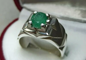 Natural Rich Green Sawat Emerald Sterling Silver 925 Handmade Zamurd Mens Ring - Picture 1 of 12