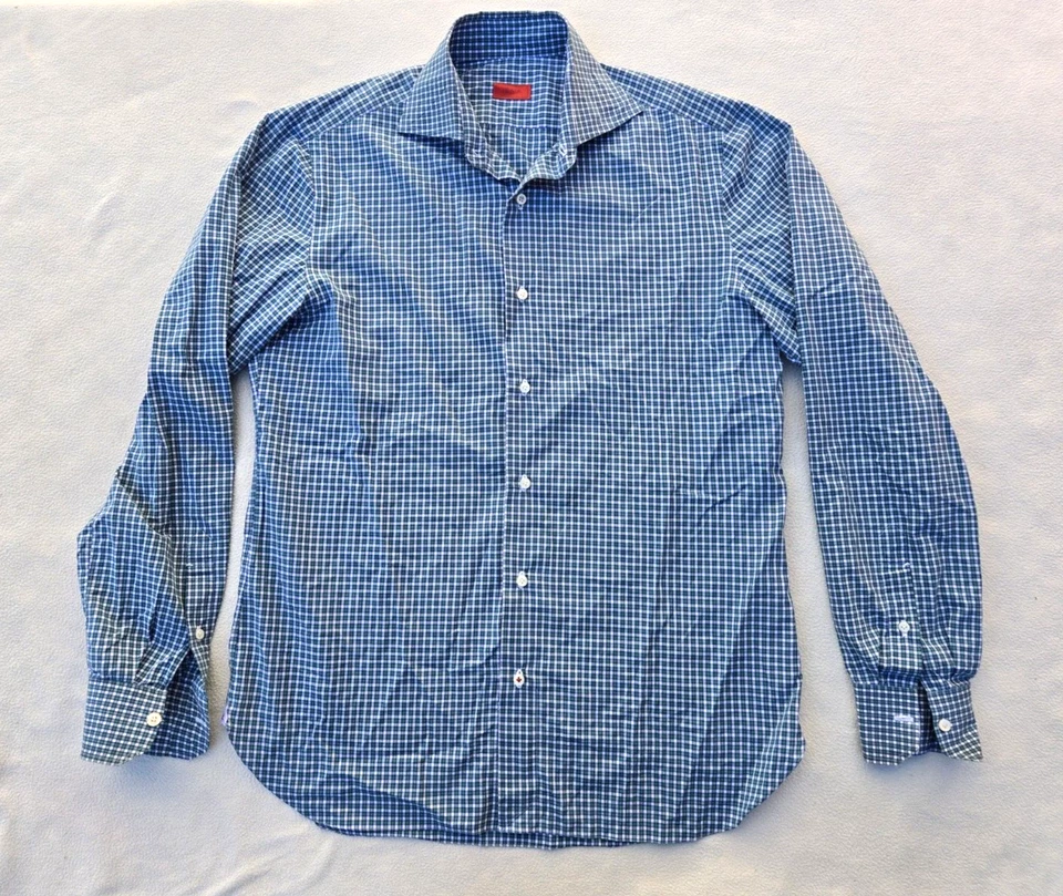 ISAIA Men's Long Sleeve Button Up Dress Shirt Green/Blue Plaid Sz 15 1/2/39 EUC - Image 1 of 4