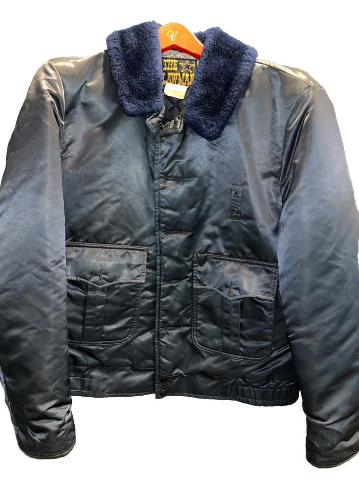 THE LAWMAN BLUE Police JACKET Fur Collar Sheriff Style Cop Policeman 42L VINTAGE - Image 1 of 4