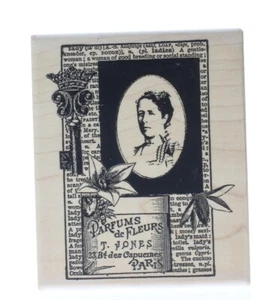 Parfumes de Fleurs Label Collage Woman Lady Stampington And Co Wooden Rubber Sta - Picture 1 of 3