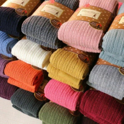 Women Woolen Yarn Knitted Footed Tights Pantyhose Winter Warm Stretch Stockings - Image 1 of 4