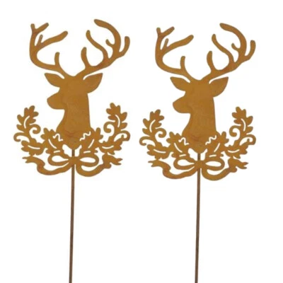 2xt Dekostab Hirschkopf Rost Weihnachtsdeko Hirsch Dekostecker rustikal Stab - Bild 1 von 4