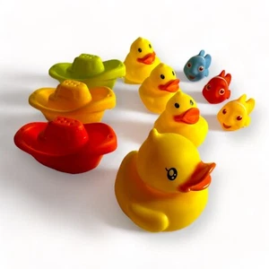 Bath Time Toy Set Bundle (10 pieces) 3 Floating Boats, 4 Rubber Ducks, 3 Fishies - Picture 1 of 12
