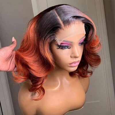Pelucas cortas onduladas de cabello humano frontal de encaje naranja jengibre 13X4 Foto 1 de 4