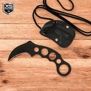 6.25" FULL TANG Black Hunting KARAMBIT Fixed Blade Survival NECK KNIFE w/ Sheath - Picture 1 of 4