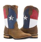 Mens Brown Western Wear Cowboy Leather Boots Texas Flag Rodeo Square Toe
