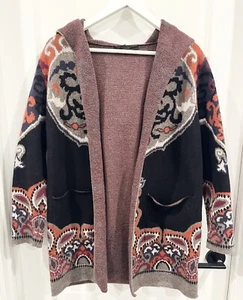 MAXSPORT Boho Open Long Cardigan Sweater Coat w/Hood Multicolor Black Women’s L - Picture 1 of 8