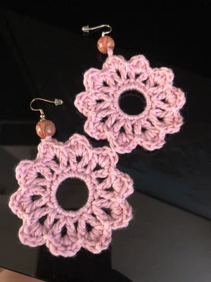 Pink Crochet 925 Rose Silver Decorative Wood Bead Earrings Brand New  - Image 1 of 4