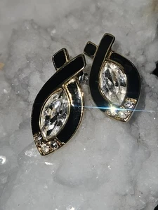 Trifari Black Enamel Clear Rhinestone Gold Tone Stick Earrings 1980s - 1999 - Picture 1 of 9