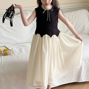 Black White Children Princess Dress Girls Splicing Mesh Skirt Spring Summer - Picture 1 of 13