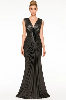 TADASHI SHOJI Metallic Silver Beaded Ruched Shirred Mermaid Dress Gown M = 8/10 - Image 1 of 4