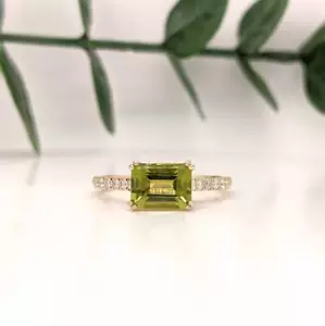 Natural Emerald Cut Peridot and Diamonds Engagement Ring 14K Yellow Gold Ring - Picture 1 of 5