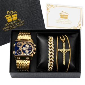Top Brand Oulm Big Dial Quartz Wristwatch for Men with Gold Cross Necklace Gift - Picture 1 of 14