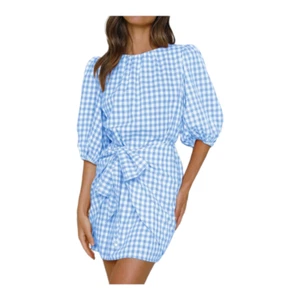 Zowodo Moda Para Mujer XL Informal Verano Cuadros Cuello Redondo Linterna Manga Envolvente Corbata  - Imagen 1 de 8