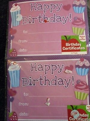 Happy Birthday Party Certificates Cupcake Design Lot of 2  12 per pkg - Image 1 of 2