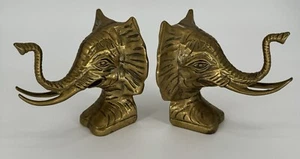 Vintage Brass Bookends Elephant Head Set Regency Boho Decor Statues - Picture 1 of 10