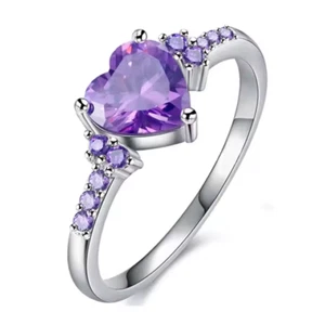 Anillo Corazón Púrpura Cristal Banda Plata Amor San Valentín, Gran Regalo Talla 7 - Imagen 1 de 4