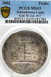 German States Schaumburg-Lippe 1802 Taler Coin Thaler PCGS MS 63 UNC VZ/STG RARE - Picture 1 of 3
