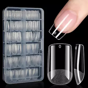 Kurze quadratische Gel Nagel Tips - Full Cover klar halb matt Acryl Press on Nails - Bild 1 von 12
