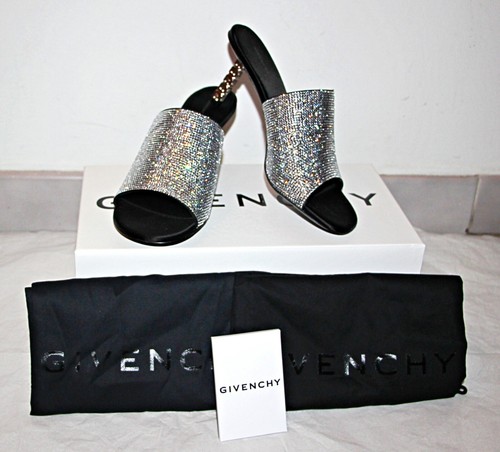 Sandali Givenchy Strass 4G sottili tacco cubo mulo in argento US 8 IT 38 $1325