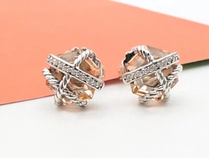 DAVID YURMAN Sterling Silver Cable Wrap Stud Earrings with Morganite & Diamonds - Picture 1 of 6