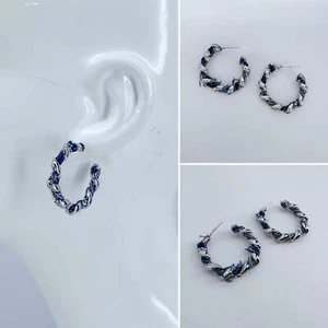 Silver Finish Small Hoop Twisted Metal and Denim Design Earrings - Picture 1 of 3