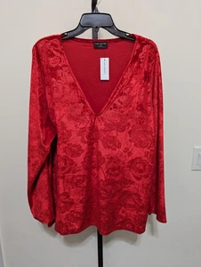 Lane Bryant Womens Plus Crushed Velvet Floral Long Sleeve V-Neck Top Red 22/24  - Picture 1 of 11