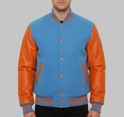 Letterman Bomber Sky Wool & Orange Leather Retro College Baseball varsity Jacket - Image 1 of 3