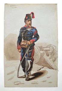 ARTILLEUR, Uniforme Infanterie 3e République, Aquarelle 1876 Militaria - Picture 1 of 3