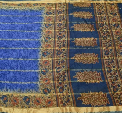 Tela artesanal india estampada 100 % algodón puro sari azul floral vintage de Sushila Foto 1 de 4