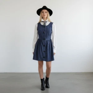 Vestido Alice Olivia Azul Delantal S Pequeño Mini Mezcla de Lino Oscuro Academia Preppy  - Imagen 1 de 9