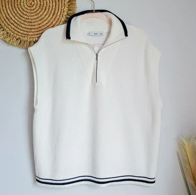 Chaleco Suéter Mango, MNG Nuevo, Blanco Rayas Preppy 1/2 Cremallera Tejido, Talla XXL Foto 1 de 4