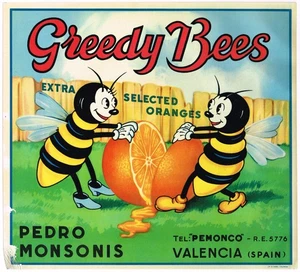 ORIGINAL CRATE LABEL SPANISH SPAIN VINTAGE 1950S RARE HAPPY BUMBLE BEES VALENCIA - Picture 1 of 1
