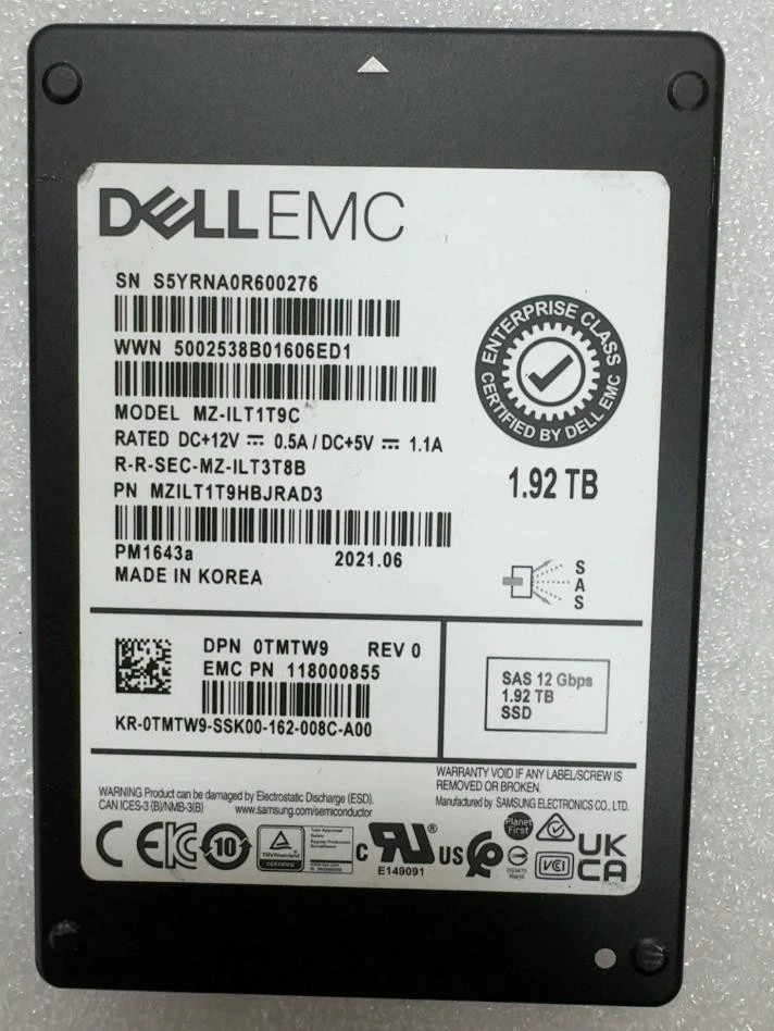 DELL EMC Samsung PM1643a 1.92TB 2.5" SSD SAS 12GB MZILT1T9HBJR-00AD3 TMTW9  - Image 1 of 1