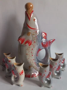 Vintage Soviet Porcelain Fish Decanter Set with 6 Shot Glasses, Ukraine, 1960s - Imagen 1 de 16