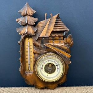 VINTAGE WEST GERMAN WALL HANGING CARVED WOODEN BAROMETER & THERMOMETER - Picture 1 of 10