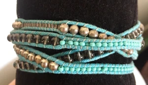 Turquoise Leather Wrap Crystal Sterling Ball Bracelet  - Picture 1 of 6