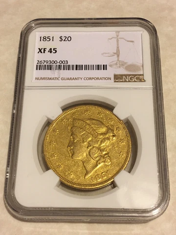 1851 XF45 NGC Liberty Double Eagle $20 Gold Coin very nice appeal Cover